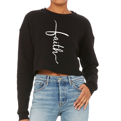 Womens Cropped Graphic Sweatshirt Faith Script Cross Illustration