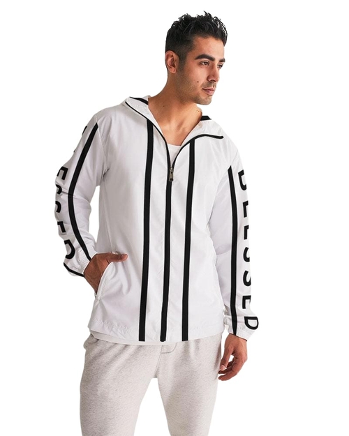 Mens Hooded Windbreaker - Blessed Sleeve Stripe White Water Resistant