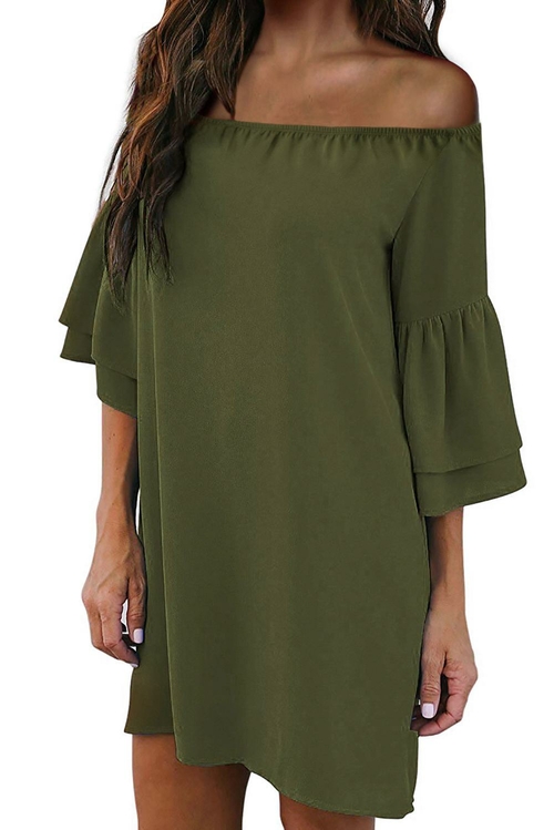 Green Off Shoulder Ruffled Sleeve Shift Dress