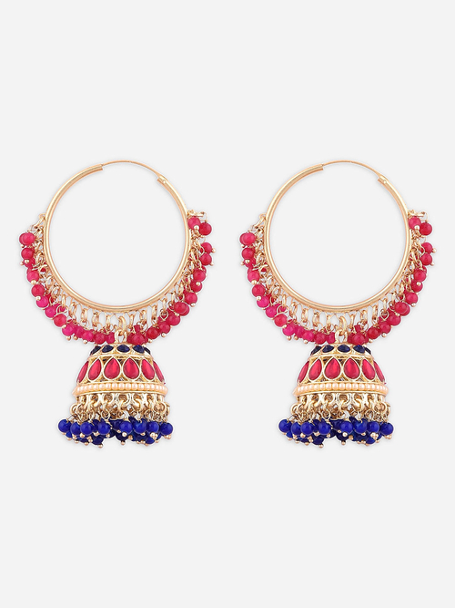 Pink Blue Beads Stones Gold Plated Jhumka Earring