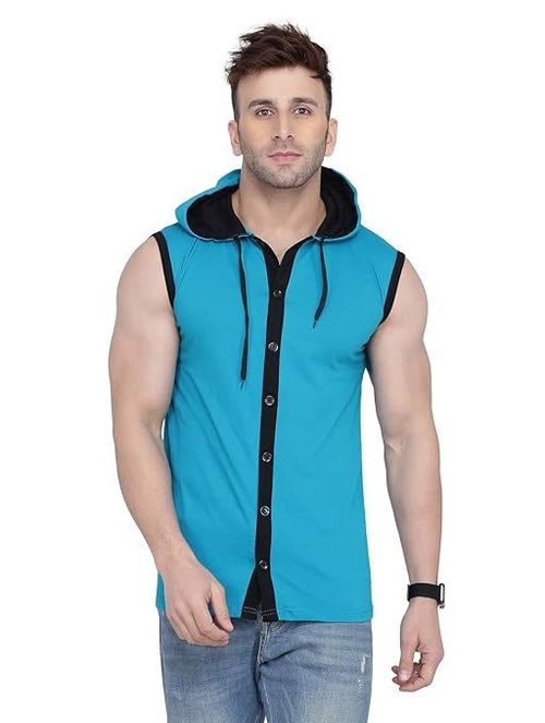 Men's Button Design Hooded Neck Tshirt (Size-M) (Color-TURQUOISE)