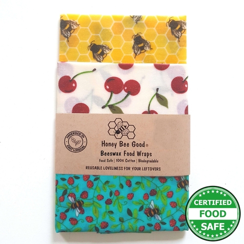 Beeswax Wraps | Classic | Three Large | Bees & Cherries