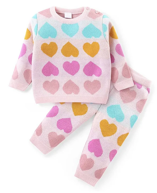 Knit Full Sleeves Pullover Sweater & Pant Set Heart Design 