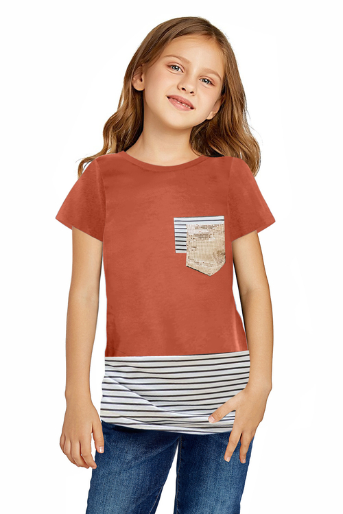 Sequins Pocket Splicing Stripes Girls’ T-shirt