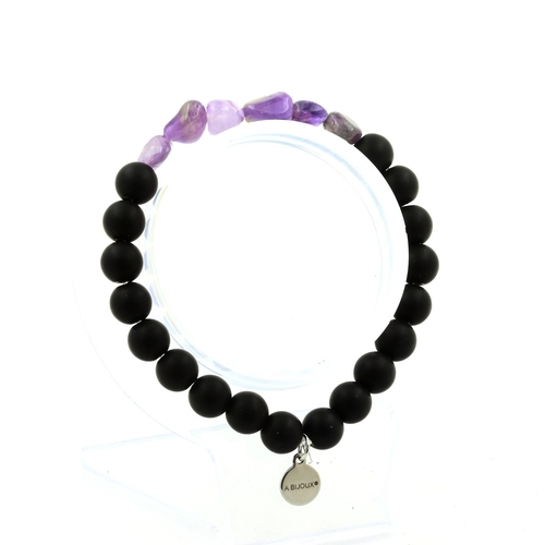 Amethyst from Brazil + Matte Black Onyx Bracelet 8 mm Beads.