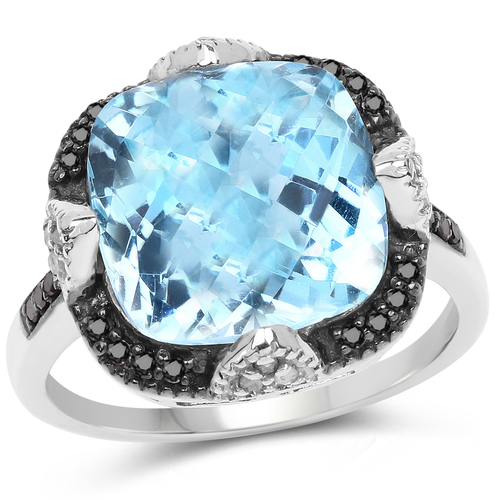 8.29 Carat Genuine Swiss Blue Topaz, Black Diamond & White Diamond