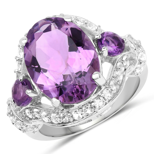 6.46 Carat Genuine Amethyst and White Topaz .925 Sterling Silver Ring