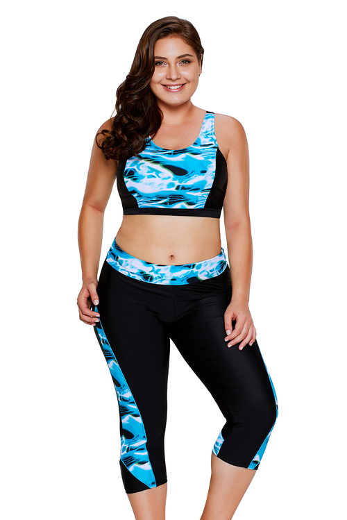 Aquatic Print Accent Crop Top&Capris Swimsuit