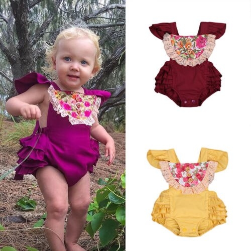 Newborn Baby Girls Floral Lace Bodysuit Jumpsuit