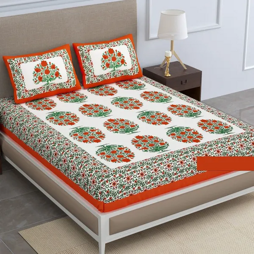 Orange Jaipuri Cotton Double Badsheet with Two Pillow Cover (Size