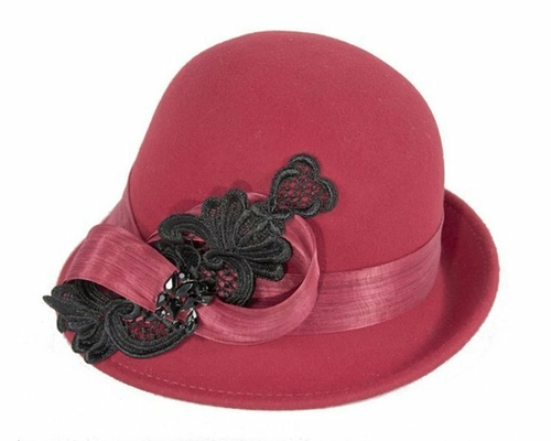 Red cloche hat with lace trim