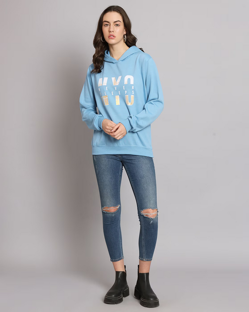 Graphic Print Hooded Sweatshirt with Ribbed Hem LIGHT BLUE
