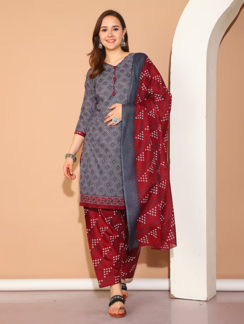 Women Printed Three Quarter Sleeves Suit Set (Size-L) (Color-Grey)