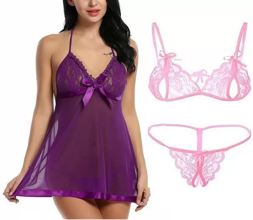 Women's Bra & Panty Set Self Design Purple, Pink Lingerie Set (Size