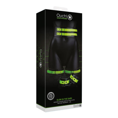 Ouch! Glow in the Dark 5-Piece Bonded Leather Thigh & Handcuffs With