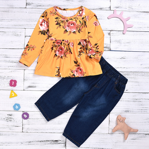 Little Girl Clothes Floral Ruched Tops Solid Jeans