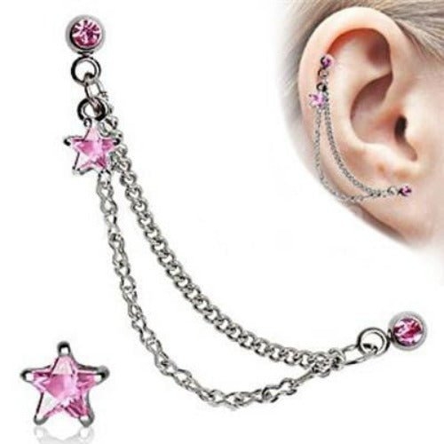 Silver CZ Star Cartilage Earring - Pink