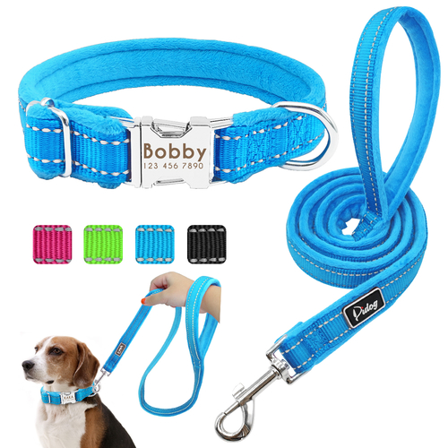 Dog Collar Leash Set Personalized Soft Reflective
