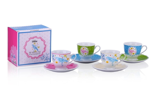 The set of 4  cups with saucers, Floral Birds