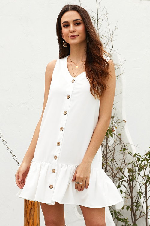White Pocketed Button Down Tank Dress