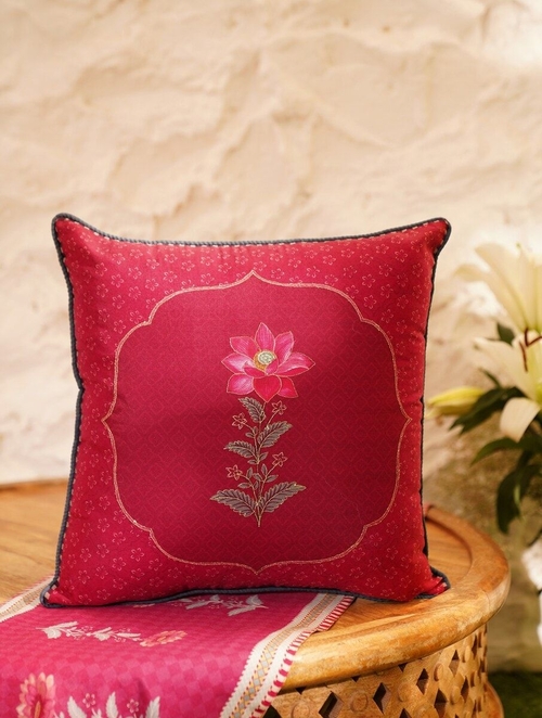 Fuchsia Pink Cotton Chanderi Zari Embroidered Cushion Cover (Size 16 x
