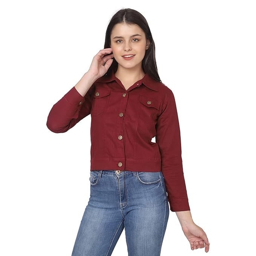 Twill Buttoned Women Regular Jacket (Size-S) (Color-MAROON)