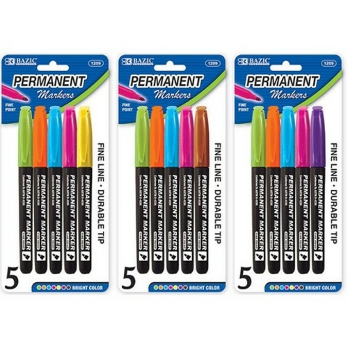 Bazic 1209  Bright Colors Fine Tip Permanent Markers w/ Pocket Clip (5