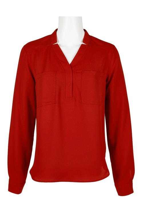 Evan Picone Evan Picone V-Neck Solid Long Sleeve Crepe Top