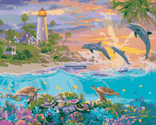 Paint by Numbers - DOLPHINS, TURTLES, LIGHTHOUSE AND SUNSET (ABRAHAM