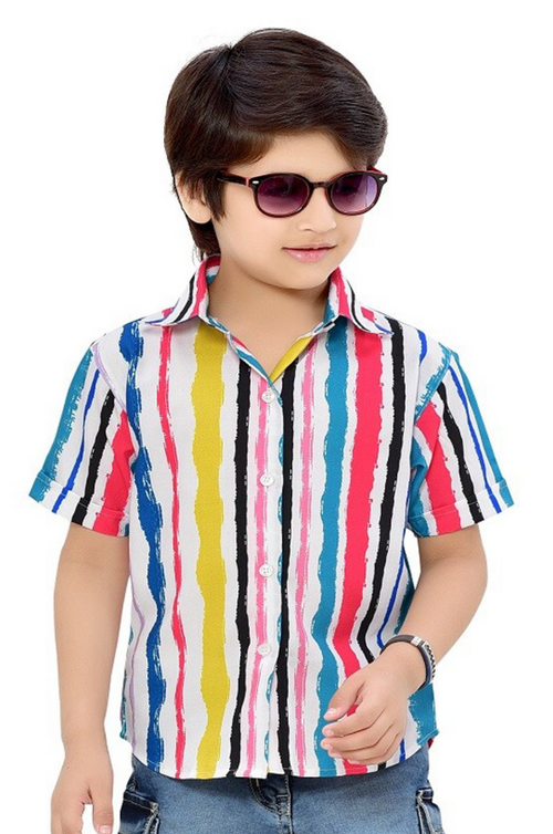 Boys Comfort Spread Collar Multi Stripes Opaque Striped Cotton Casual