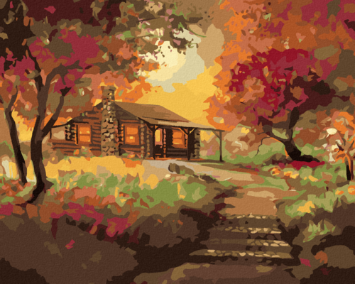 Zuty - Paint by Numbers - CABIN AT SUNSET IN AUTUMN (D. RUSTY RUST),