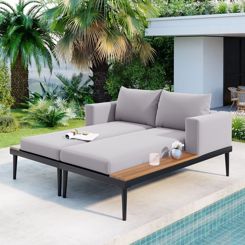 Modern Outdoor Daybed Patio Metal Daybed with Wood Topped Side Spaces