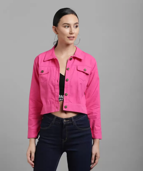 Women Solid Light Weight Casual Short Jacket (Color Rani Pink) (Size