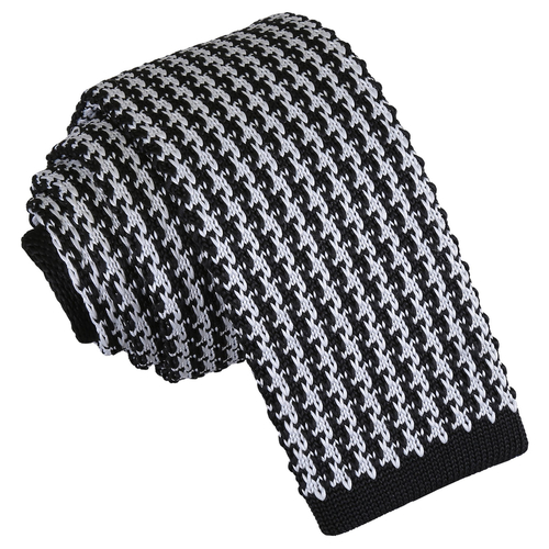 Houndstooth Knitted Skinny Tie - White & Black