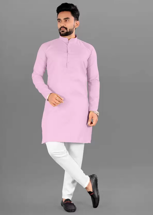 Men Solid Cotton Blend Straight Kurta  (Pink) (Size UK 34)