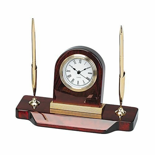 Wood Desk, Clock & 2 Pens Set