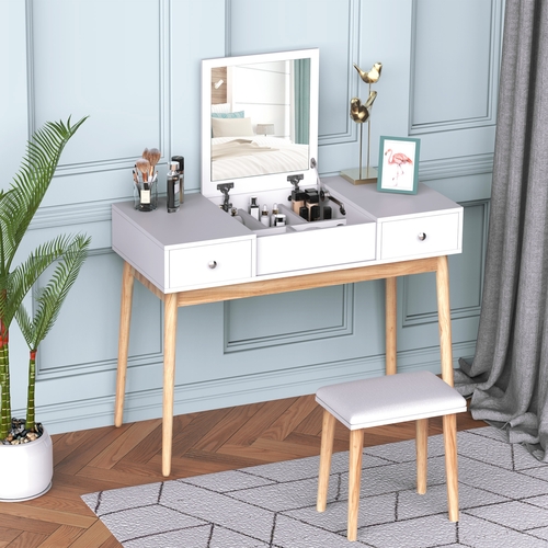 HOMCOM Dressing Table Set with Mirror 2 Drawers Cushioned Stool Makeup
