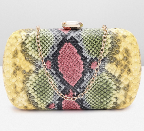 Women Yellow and Green Abstract Printed Box Clutch