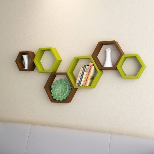 DECORASIA Hexagon Shape Wooden Wall Shelf  Brown & Green