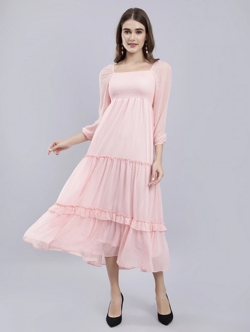 Women Pink Self-Designed Tiered Dress (Size-L) (Color-PINK)