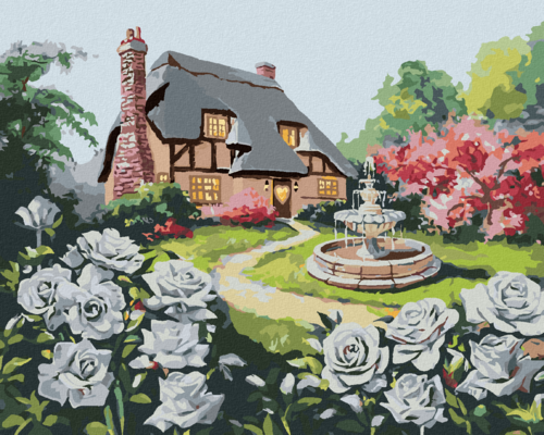 Zuty - Paint by Numbers - WHITE ROSES AND A HOUSE WITH A FOUNTAIN (D.