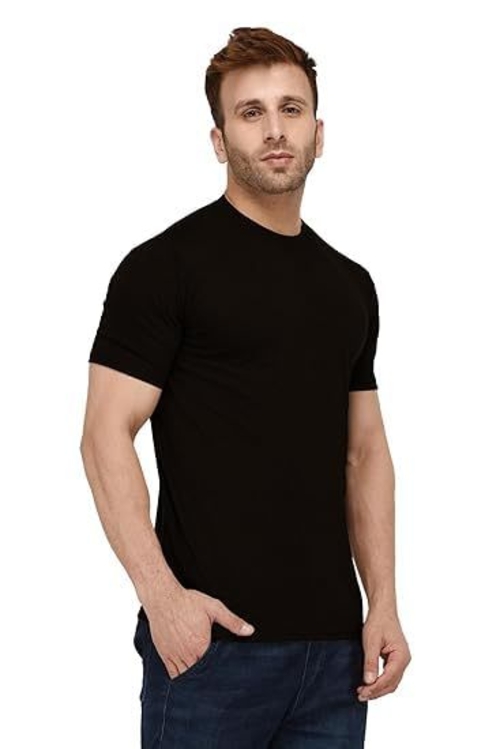 Solid Men's Round Neck Cotton Blend Half Sleeve T-Shirts (Black)