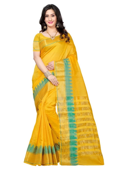 Generic Women's Cotton Silk Saree(Yellow, 5.5-6