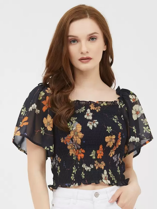 Casual Regular Sleeves Solid Women Dark Blue Top (Size XL)