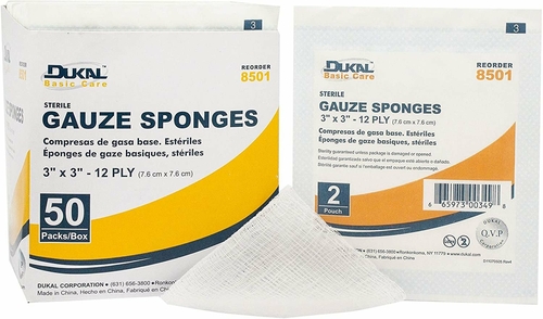 Dukal Gauze Sponges 3" x 3". Case of 2400 12-ply Gauze Dressings for