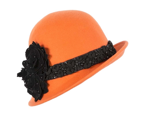 Orange ladies winter felt cloche hat