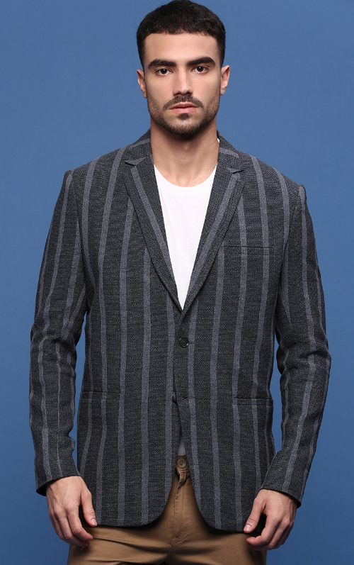 Men's Striped Slim-Fit Notched Lapel Single-Breasted Cotton Blazer