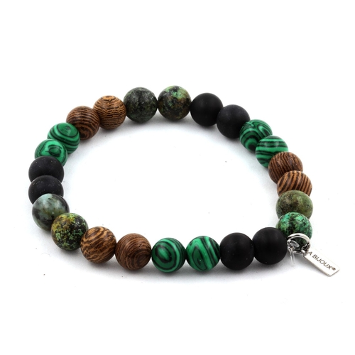 African Turquoise + Malachite + Matte Black Onyx + Wood Bracelet