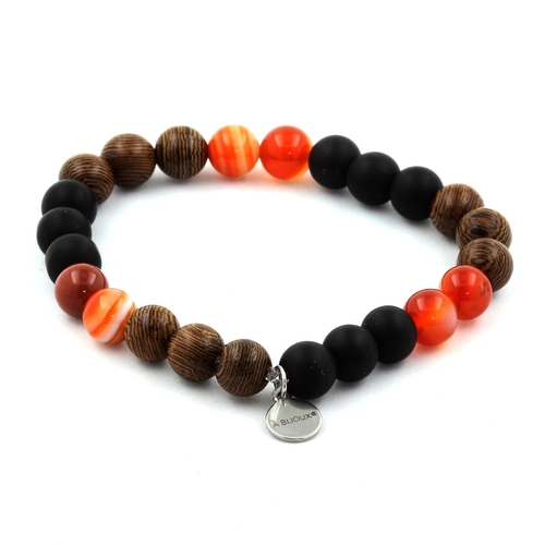 Banded Agate + Matte Black Onyx + Wood Bracelet 8 mm Beads.