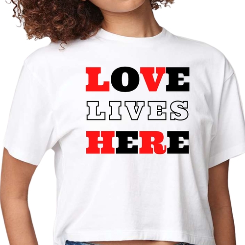 Womens Cropped Graphic T-shirt - Love Lives Here Christian Red Black